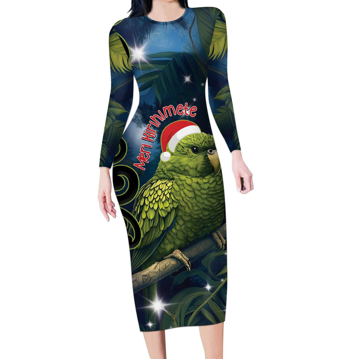 New Zealand Christmas Long Sleeve Bodycon Dress Cute Kakapo Meri Kirihimete Maori Koru LT14 Long Dress Blue - Polynesian Pride