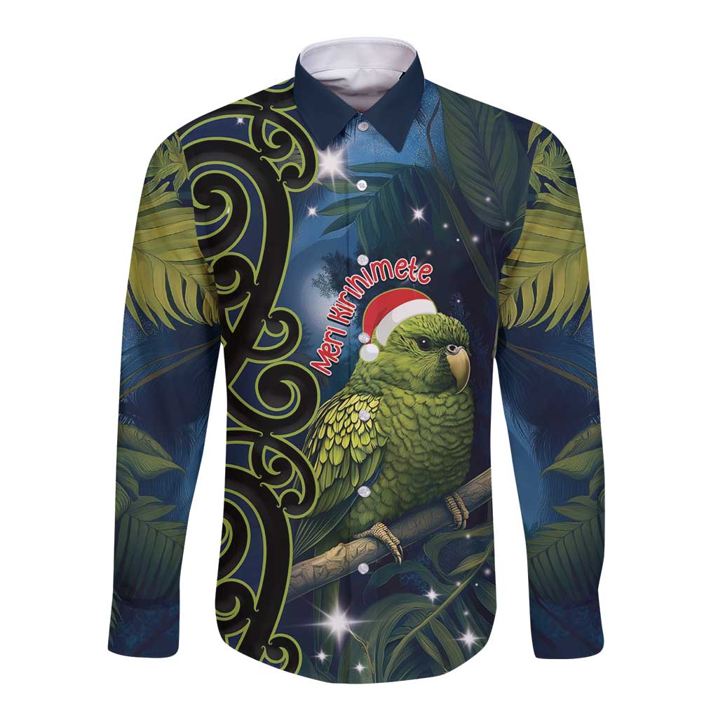 New Zealand Christmas Long Sleeve Button Shirt Cute Kakapo Meri Kirihimete Maori Koru LT14 Unisex Blue - Polynesian Pride