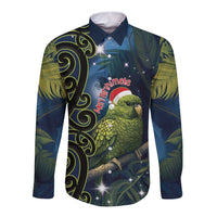 New Zealand Christmas Long Sleeve Button Shirt Cute Kakapo Meri Kirihimete Maori Koru LT14 Unisex Blue - Polynesian Pride