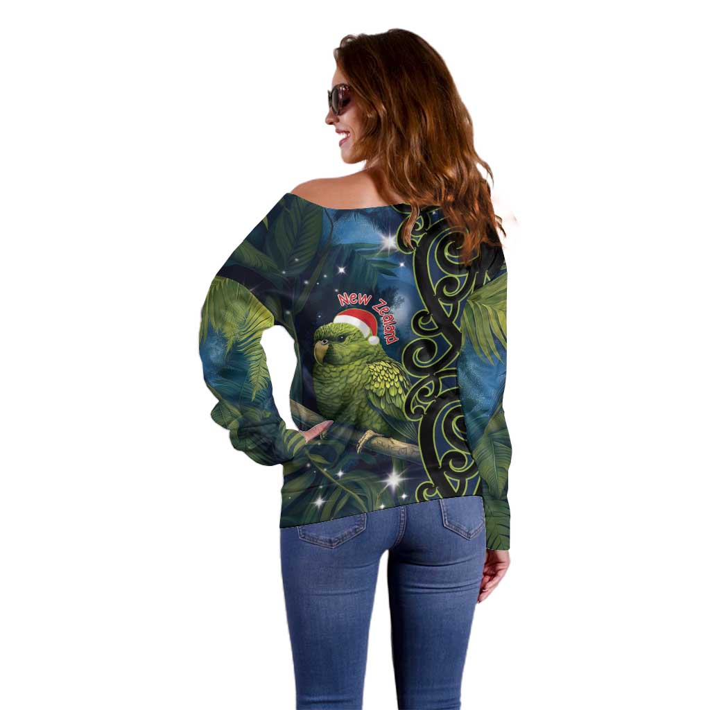 New Zealand Christmas Off Shoulder Sweater Cute Kakapo Meri Kirihimete Maori Koru LT14 - Polynesian Pride