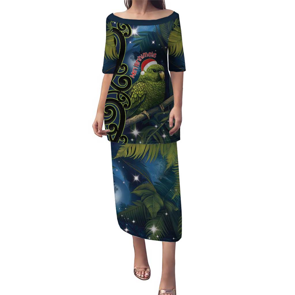 New Zealand Christmas Puletasi Cute Kakapo Meri Kirihimete Maori Koru LT14 Long Dress Blue - Polynesian Pride