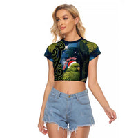 New Zealand Christmas Raglan Cropped T Shirt Cute Kakapo Meri Kirihimete Maori Koru LT14 Female Blue - Polynesian Pride