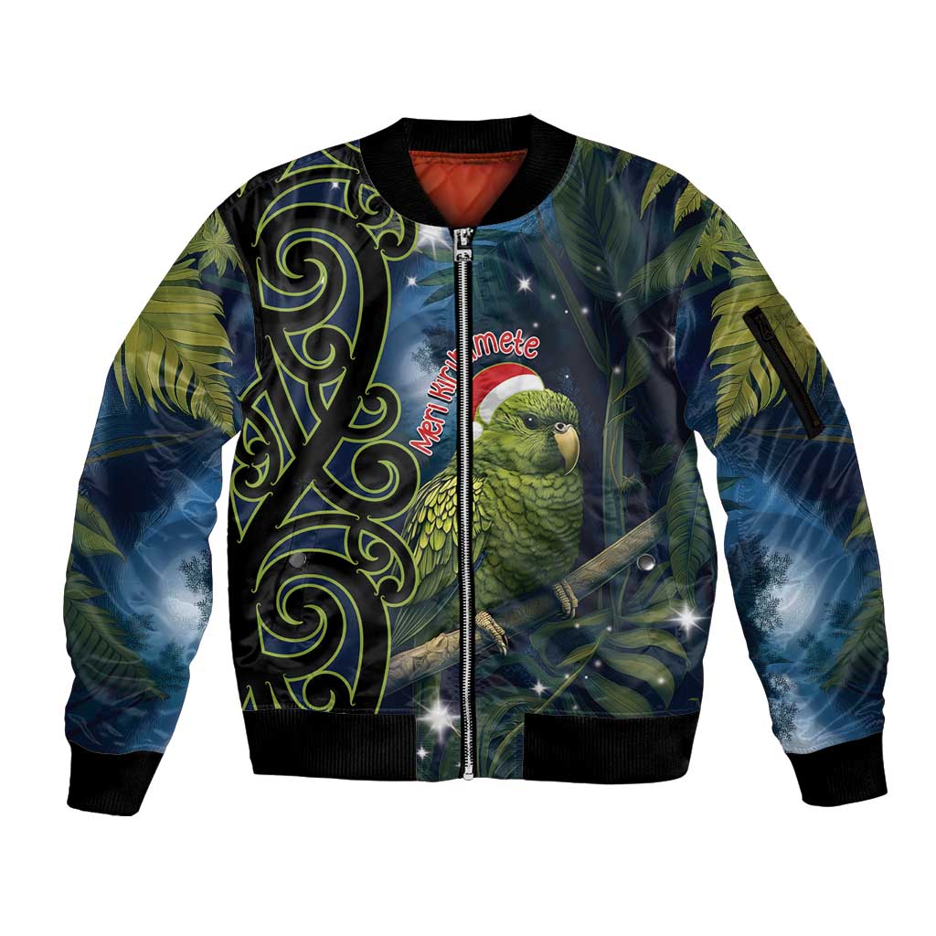 New Zealand Christmas Sleeve Zip Bomber Jacket Cute Kakapo Meri Kirihimete Maori Koru LT14 Unisex Blue - Polynesian Pride