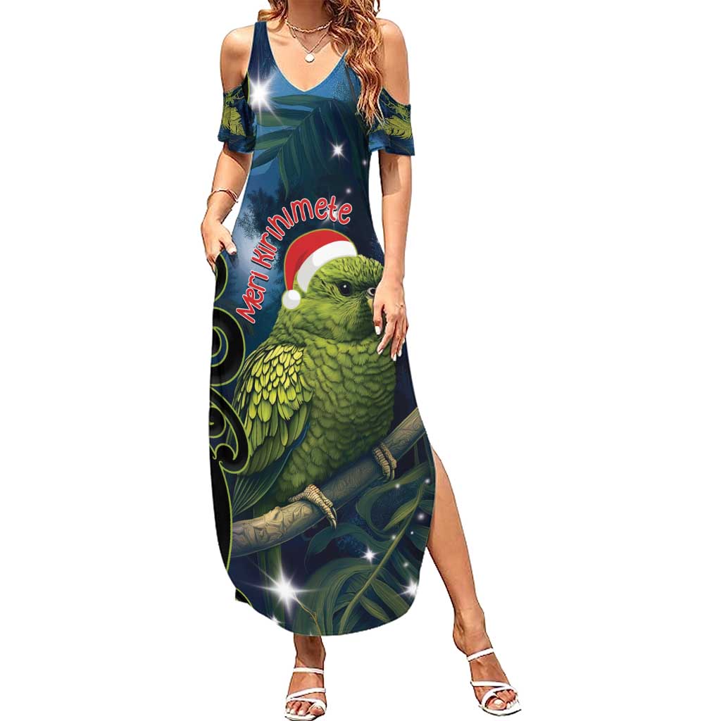 New Zealand Christmas Summer Maxi Dress Cute Kakapo Meri Kirihimete Maori Koru LT14 Women Blue - Polynesian Pride