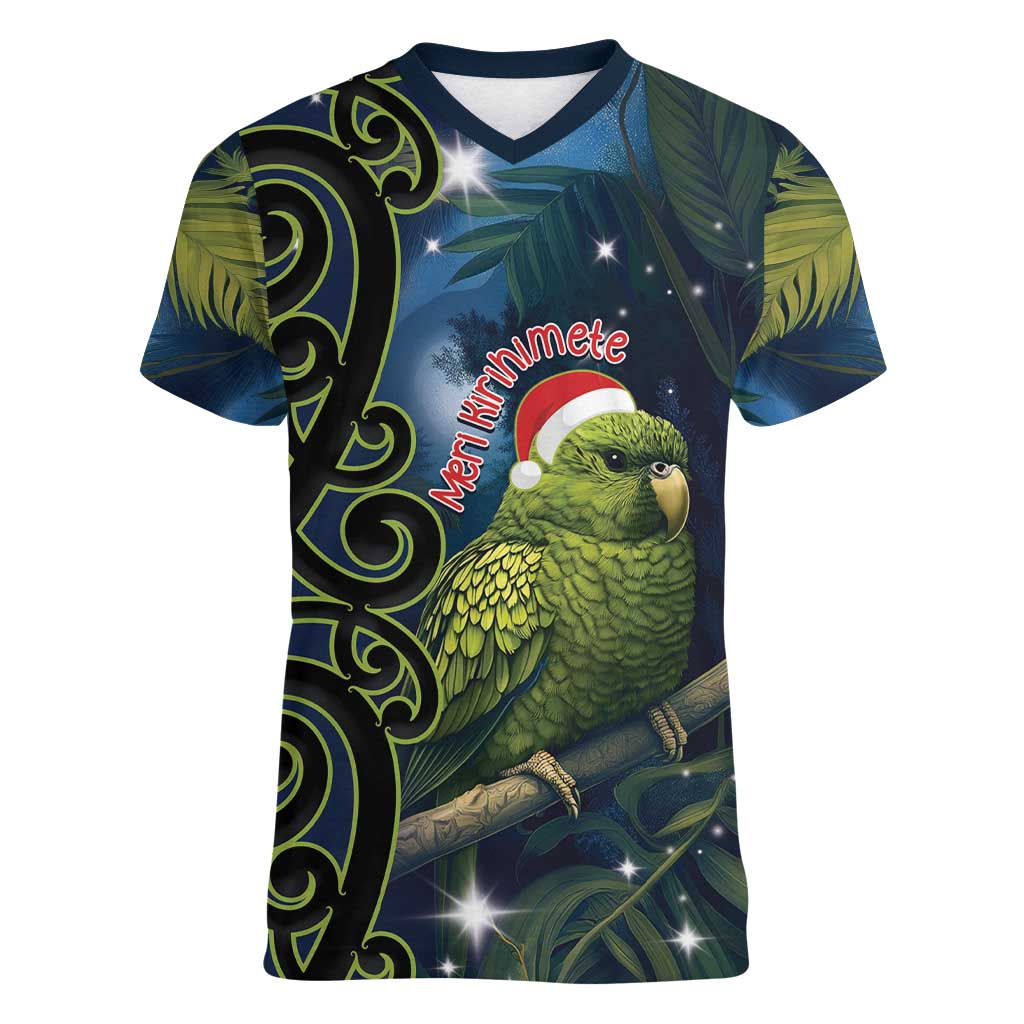 New Zealand Christmas Women V-Neck T-Shirt Cute Kakapo Meri Kirihimete Maori Koru LT14 Female Blue - Polynesian Pride
