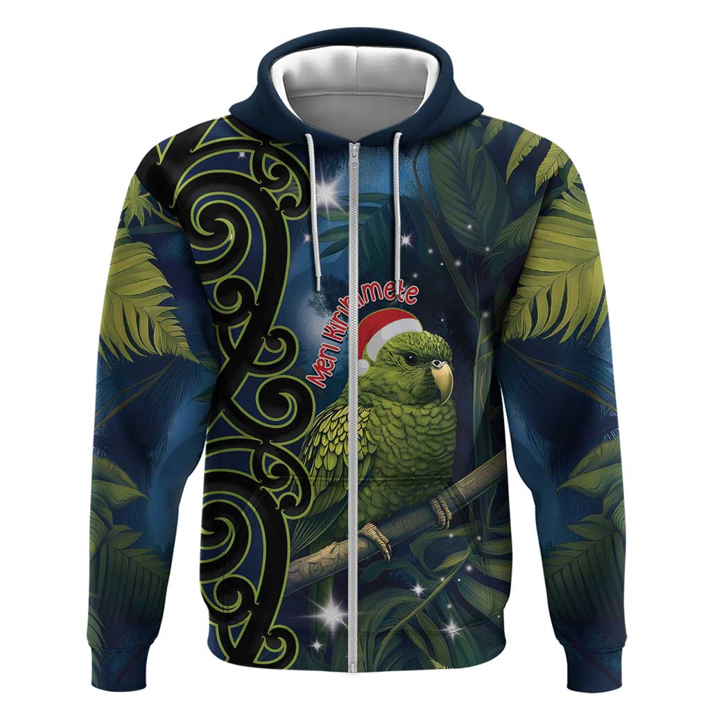 New Zealand Christmas Zip Hoodie Cute Kakapo Meri Kirihimete Maori Koru LT14 Zip Hoodie Blue - Polynesian Pride