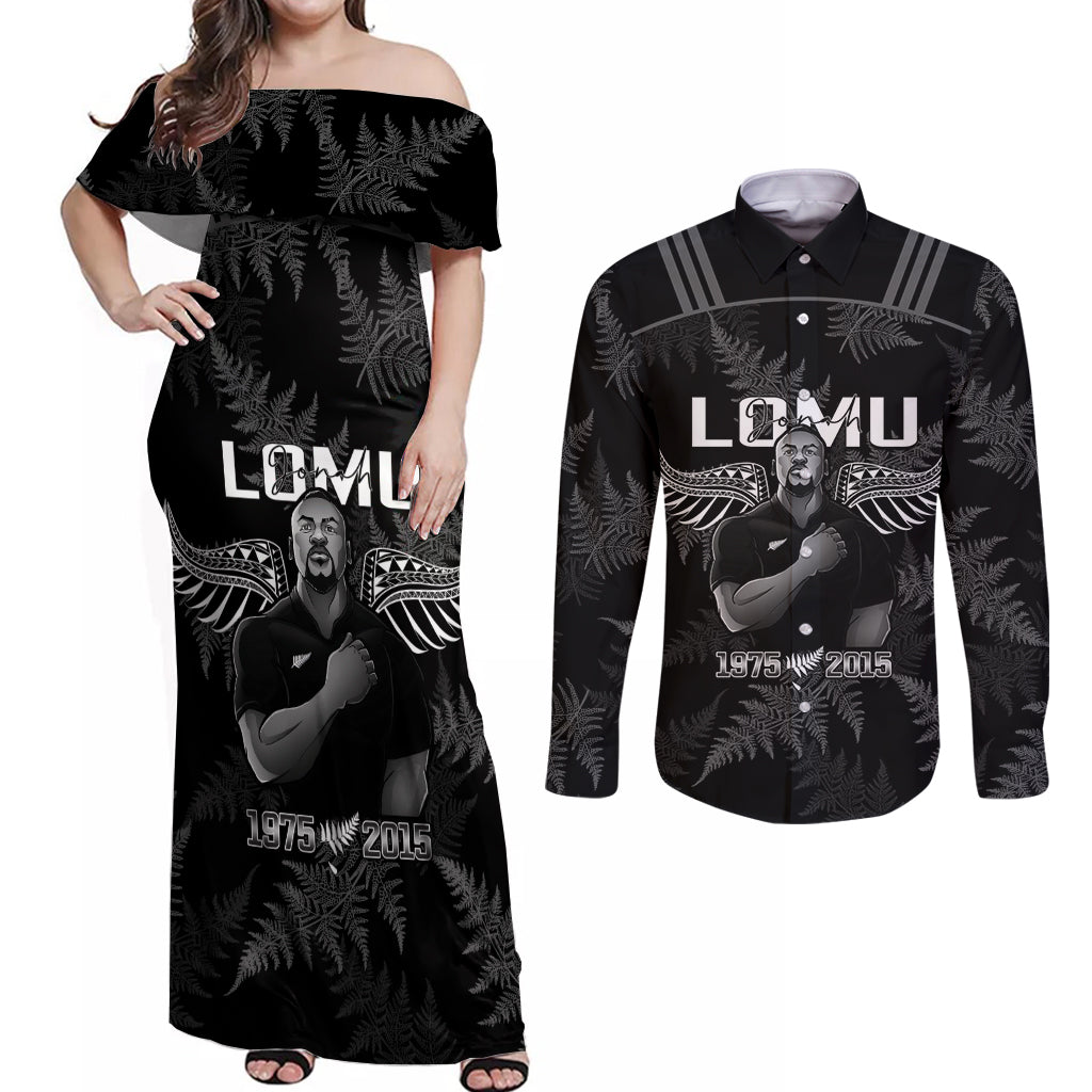 New Zealand Silver Fern Rugby Couples Matching Off Shoulder Maxi Dress and Long Sleeve Button Shirt Aotearoa Godfather Proud Gone But Never Forgotten LT14 Black - Polynesian Pride