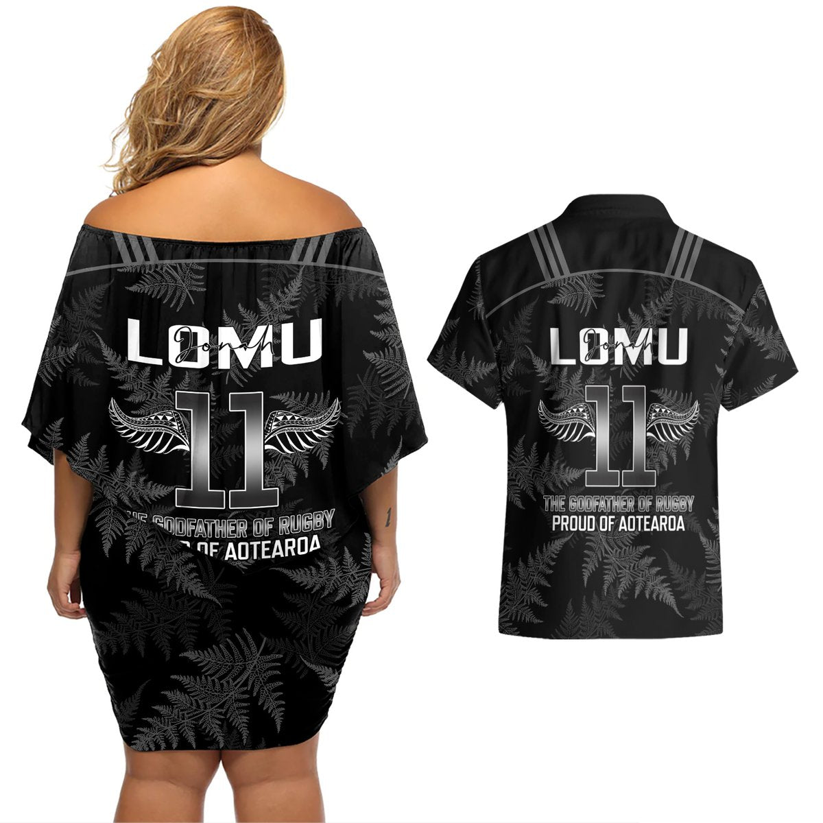 New Zealand Silver Fern Rugby Couples Matching Off Shoulder Short Dress and Hawaiian Shirt Aotearoa Godfather Proud Gone But Never Forgotten LT14 - Polynesian Pride