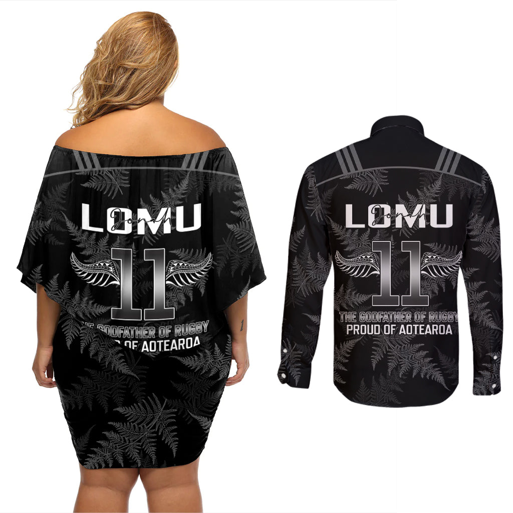 New Zealand Silver Fern Rugby Couples Matching Off Shoulder Short Dress and Long Sleeve Button Shirt Aotearoa Godfather Proud Gone But Never Forgotten LT14 - Polynesian Pride