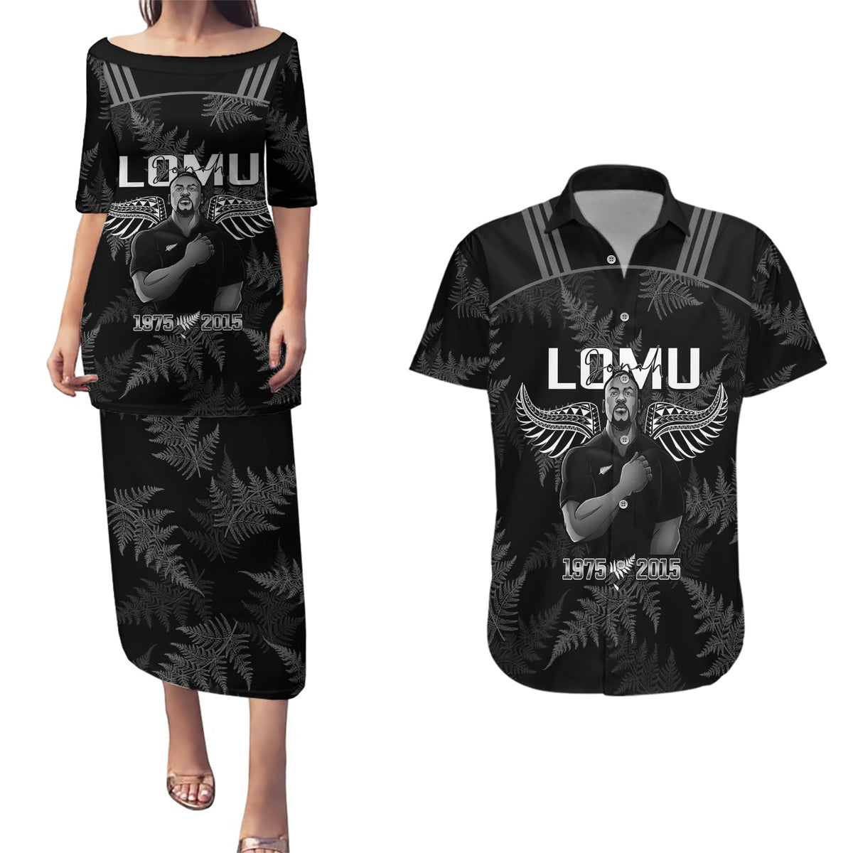 New Zealand Silver Fern Rugby Couples Matching Puletasi Dress and Hawaiian Shirt Aotearoa Godfather Proud Gone But Never Forgotten LT14 Black - Polynesian Pride