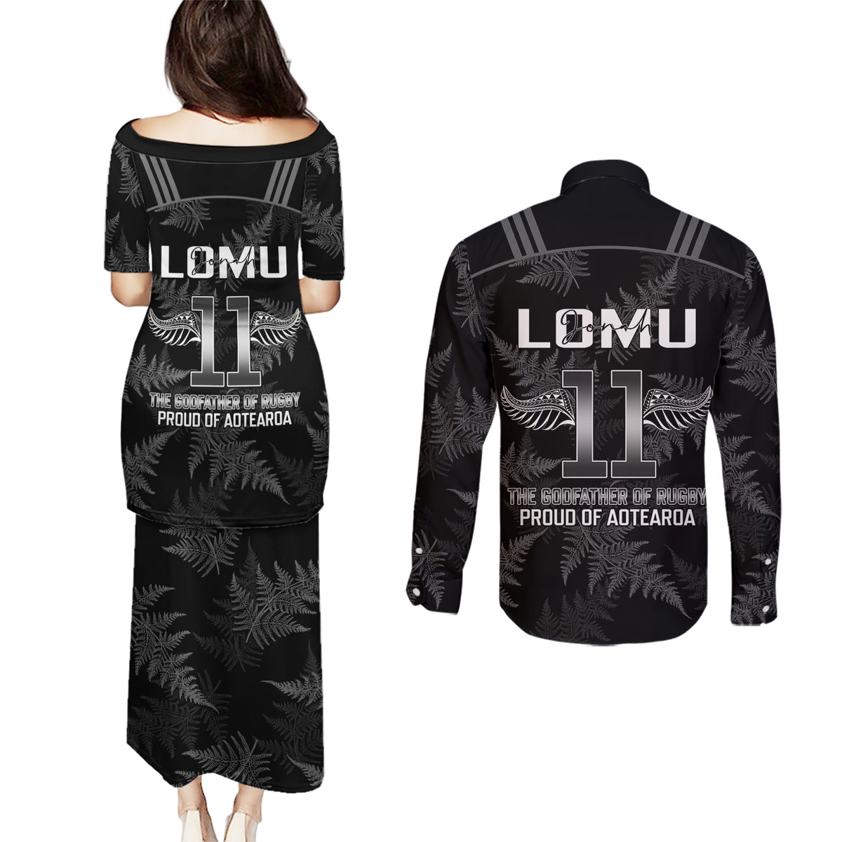 New Zealand Silver Fern Rugby Couples Matching Puletasi Dress and Long Sleeve Button Shirt Aotearoa Godfather Proud Gone But Never Forgotten LT14 - Polynesian Pride