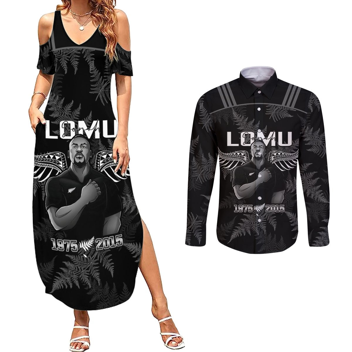 New Zealand Silver Fern Rugby Couples Matching Summer Maxi Dress and Long Sleeve Button Shirt Aotearoa Godfather Proud Gone But Never Forgotten LT14 Black - Polynesian Pride
