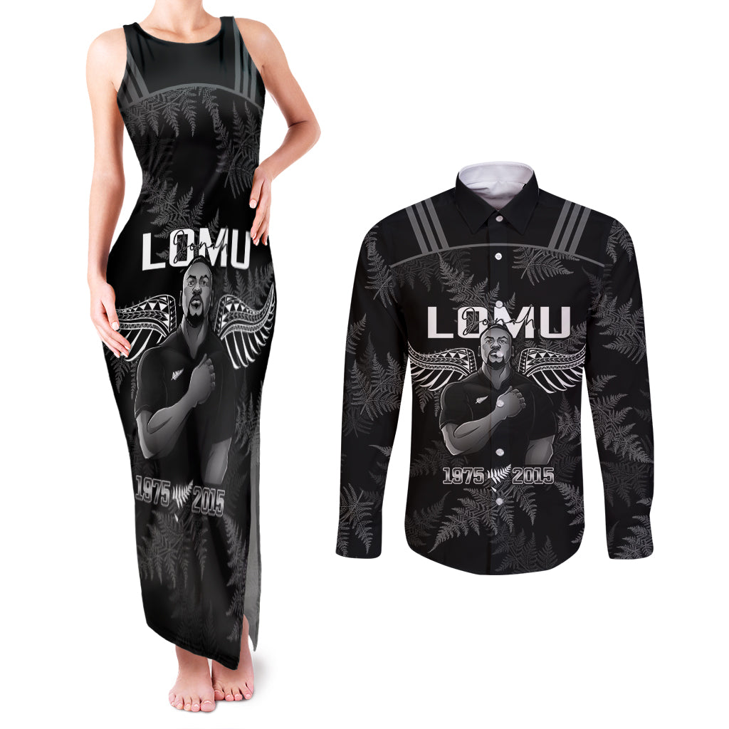 New Zealand Silver Fern Rugby Couples Matching Tank Maxi Dress and Long Sleeve Button Shirt Aotearoa Godfather Proud Gone But Never Forgotten LT14 Black - Polynesian Pride