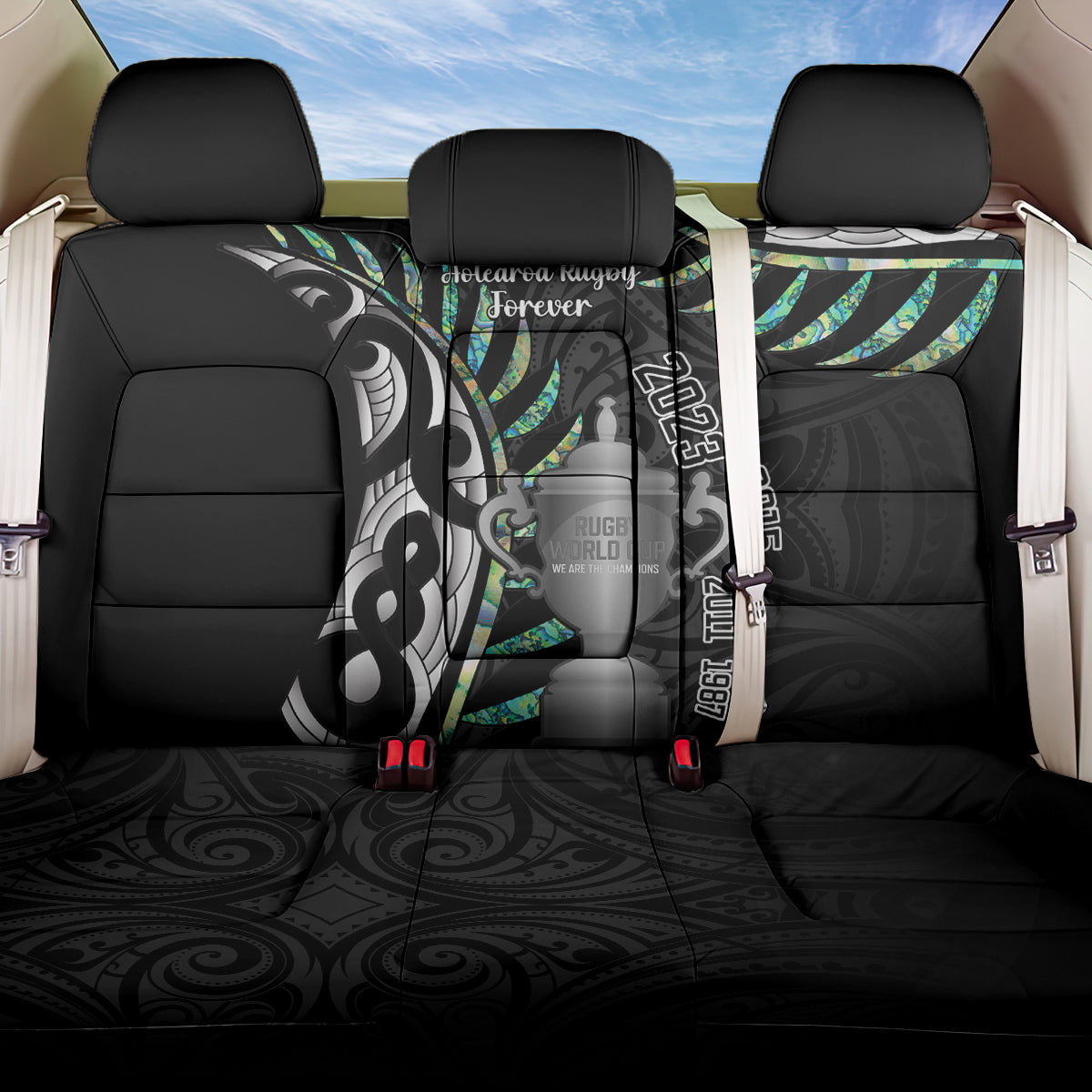 Personalised New Zealand Silver Fern Rugby Back Car Seat Cover Paua Shell With Champions Trophy History NZ Forever LT14 One Size Black - Polynesian Pride