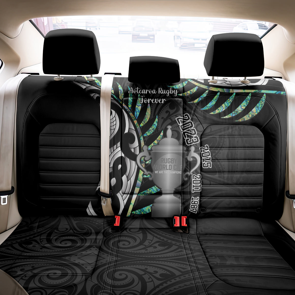 Personalised New Zealand Silver Fern Rugby Back Car Seat Cover Paua Shell With Champions Trophy History NZ Forever LT14 - Polynesian Pride