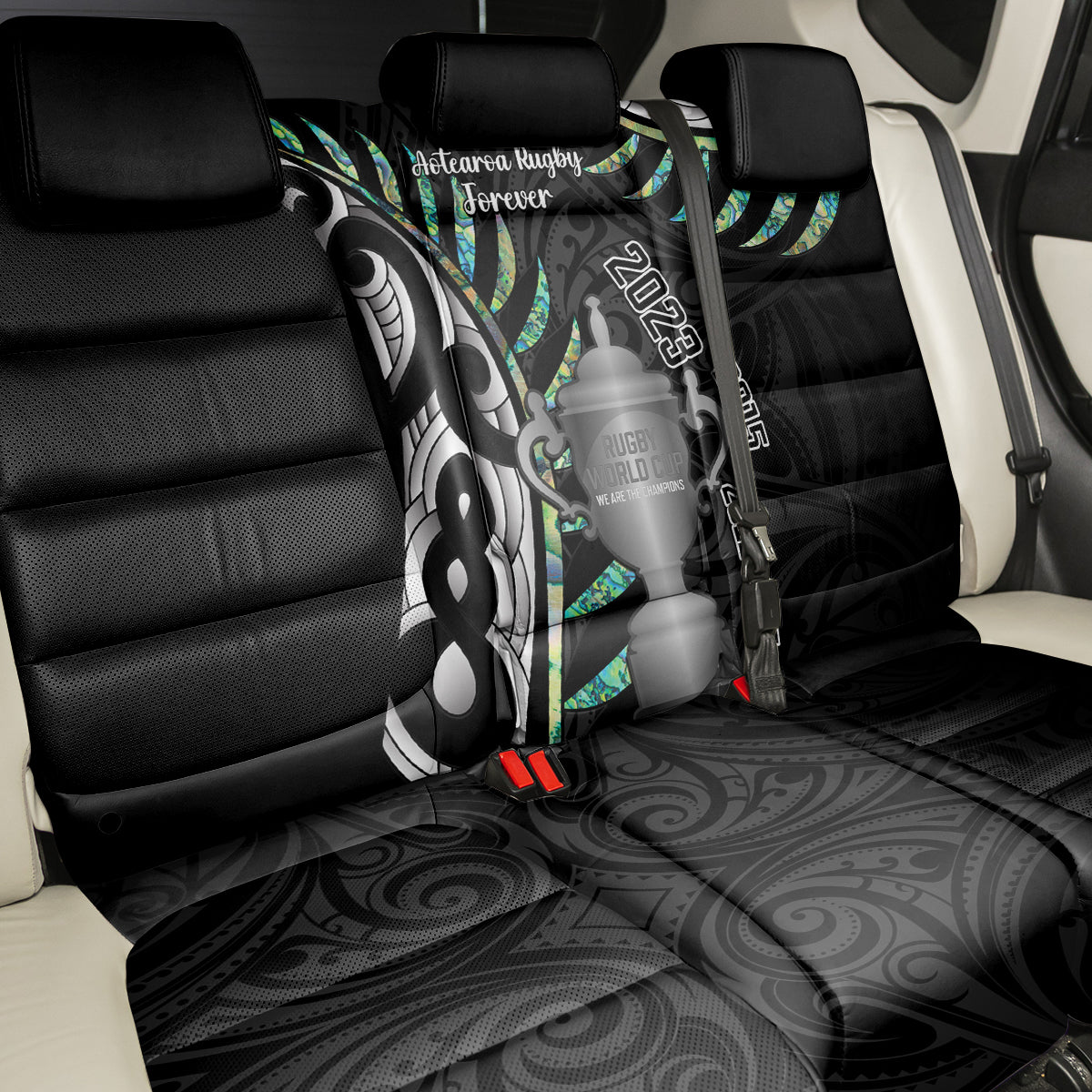 Personalised New Zealand Silver Fern Rugby Back Car Seat Cover Paua Shell With Champions Trophy History NZ Forever LT14 - Polynesian Pride
