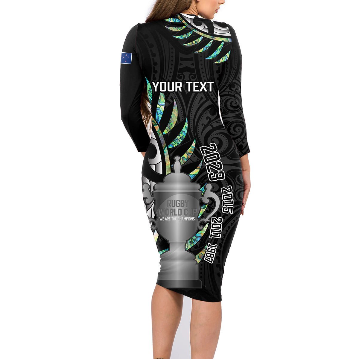 Personalised New Zealand Silver Fern Rugby Family Matching Long Sleeve Bodycon Dress and Hawaiian Shirt Paua Shell With Champions Trophy History NZ Forever LT14 - Polynesian Pride
