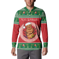 Personalized Hawaii Christmas Button Sweatshirt Tiki Santa Mele Kalikimaka