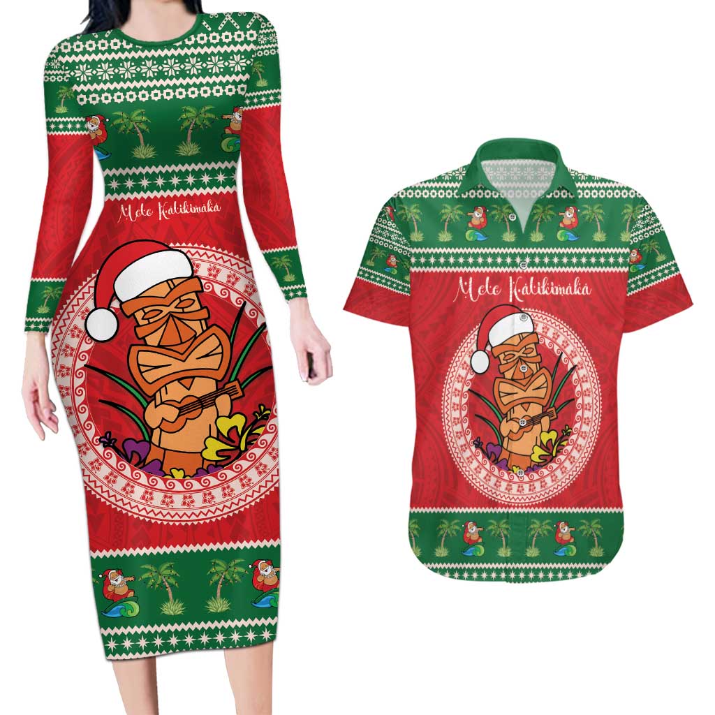 Personalized Hawaii Christmas Couples Matching Long Sleeve Bodycon Dress and Hawaiian Shirt Tiki Santa Mele Kalikimaka LT14 Red - Polynesian Pride