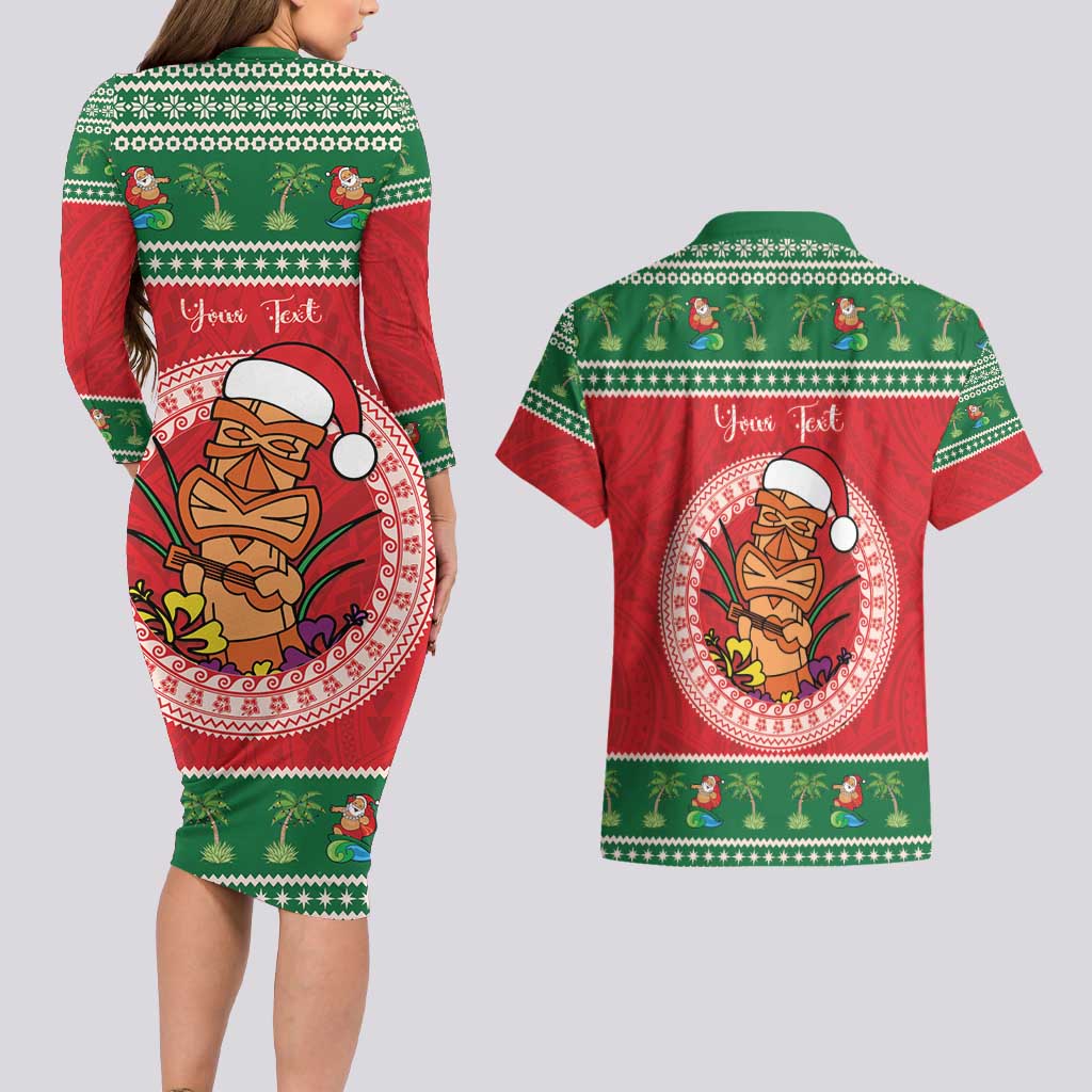 Personalized Hawaii Christmas Couples Matching Long Sleeve Bodycon Dress and Hawaiian Shirt Tiki Santa Mele Kalikimaka LT14 - Polynesian Pride