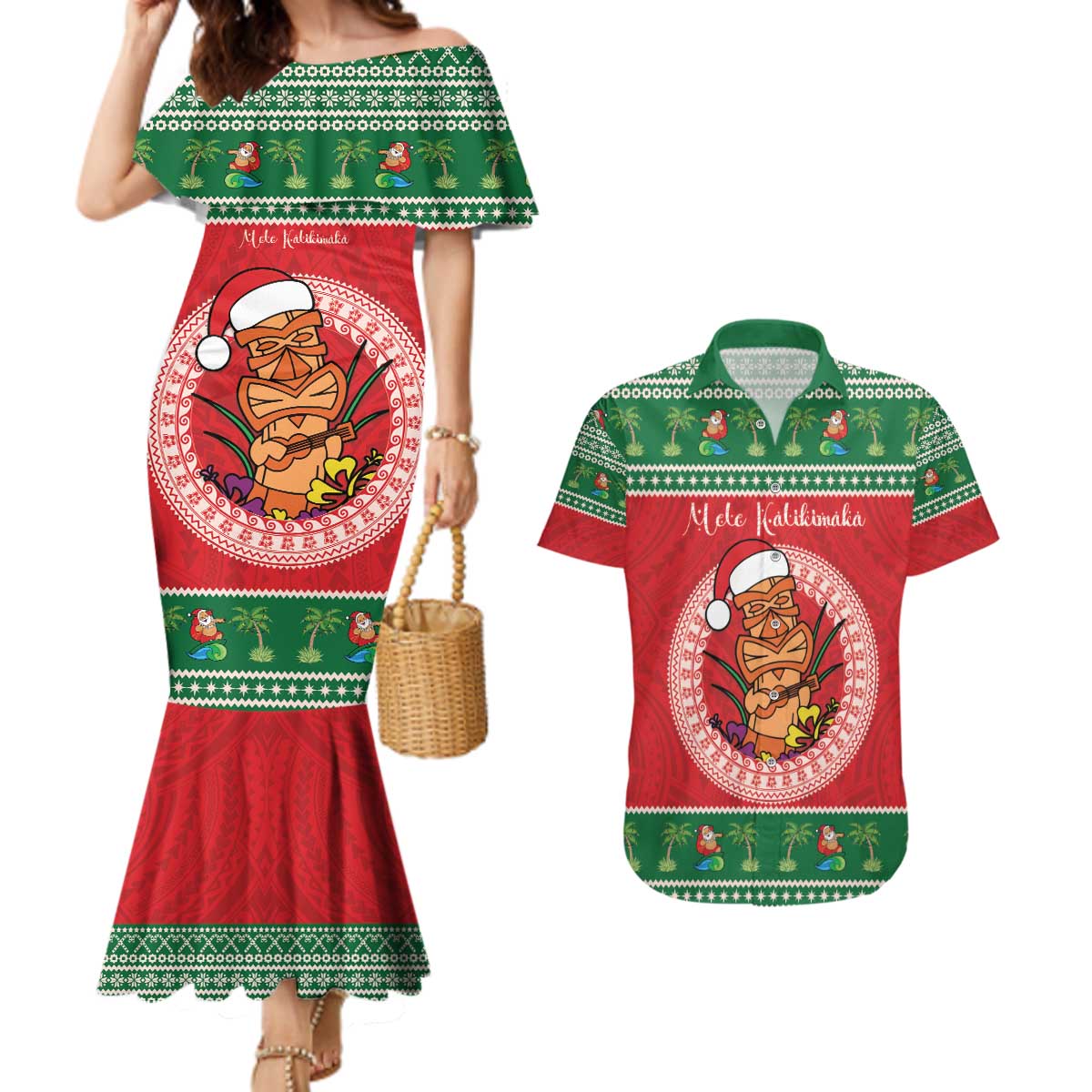 Personalized Hawaii Christmas Couples Matching Mermaid Dress and Hawaiian Shirt Tiki Santa Mele Kalikimaka LT14 Red - Polynesian Pride