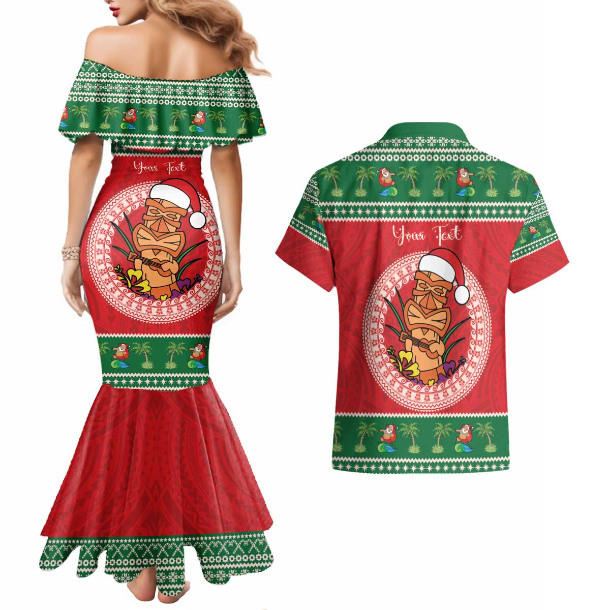 Personalized Hawaii Christmas Couples Matching Mermaid Dress and Hawaiian Shirt Tiki Santa Mele Kalikimaka LT14 - Polynesian Pride