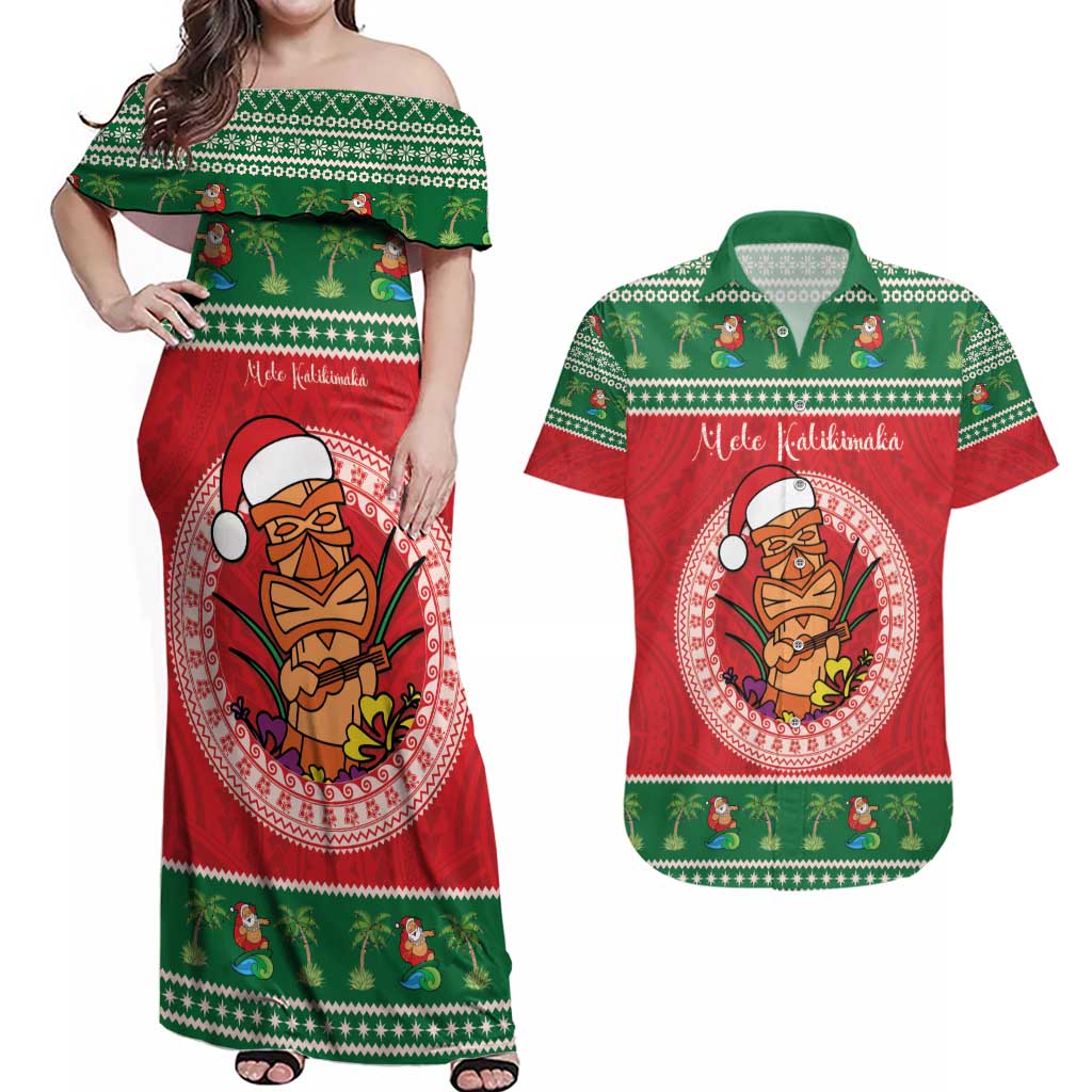 Personalized Hawaii Christmas Couples Matching Off Shoulder Maxi Dress and Hawaiian Shirt Tiki Santa Mele Kalikimaka LT14 Red - Polynesian Pride