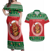 Personalized Hawaii Christmas Couples Matching Off Shoulder Maxi Dress and Hawaiian Shirt Tiki Santa Mele Kalikimaka LT14 Red - Polynesian Pride
