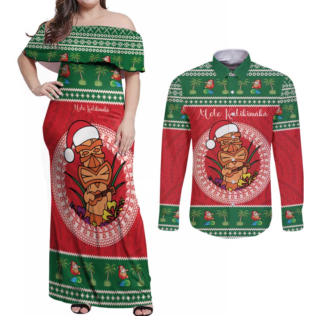 Personalized Hawaii Christmas Couples Matching Off Shoulder Maxi Dress and Long Sleeve Button Shirt Tiki Santa Mele Kalikimaka LT14 Red - Polynesian Pride