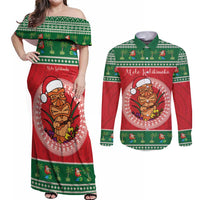 Personalized Hawaii Christmas Couples Matching Off Shoulder Maxi Dress and Long Sleeve Button Shirt Tiki Santa Mele Kalikimaka LT14 Red - Polynesian Pride