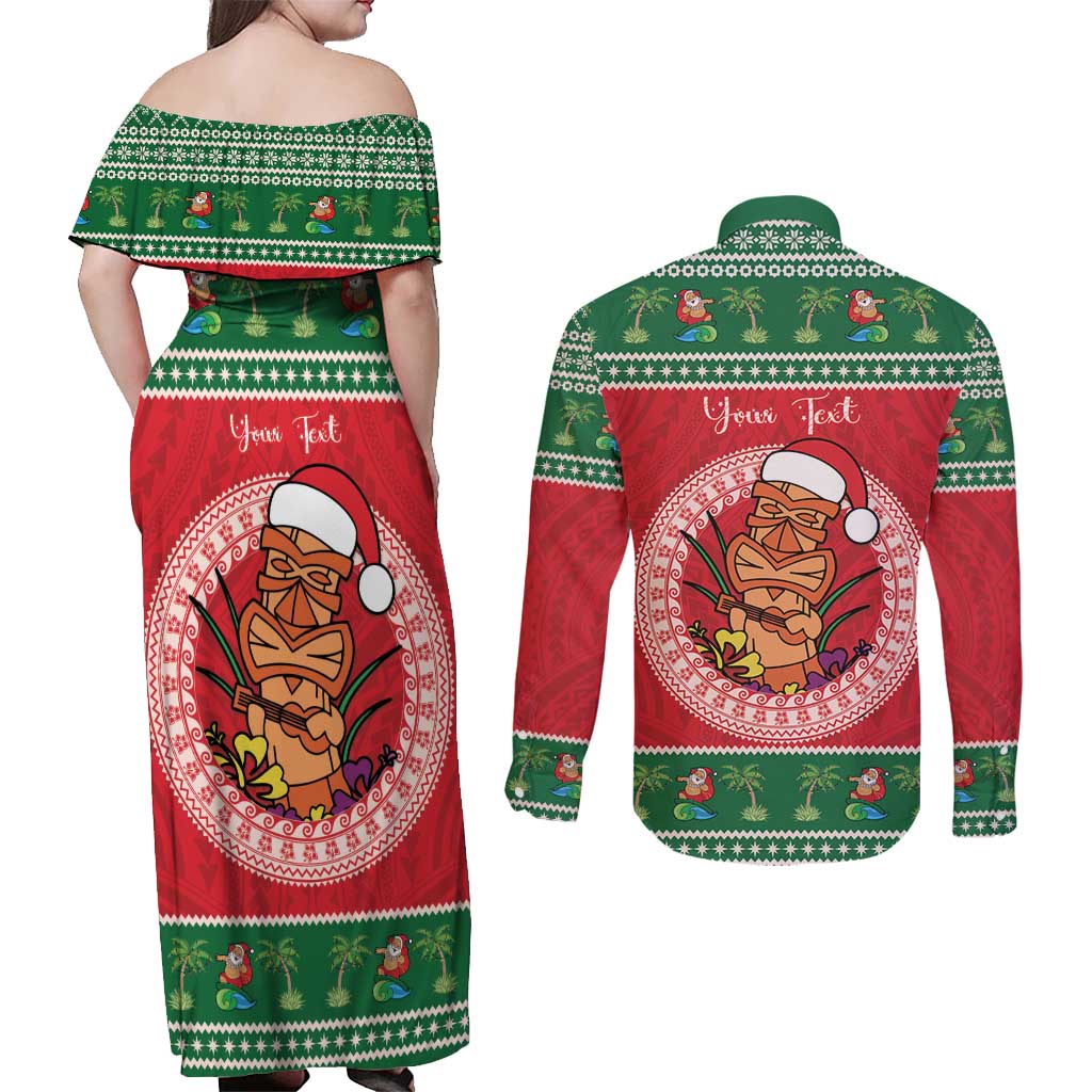 Personalized Hawaii Christmas Couples Matching Off Shoulder Maxi Dress and Long Sleeve Button Shirt Tiki Santa Mele Kalikimaka LT14 - Polynesian Pride