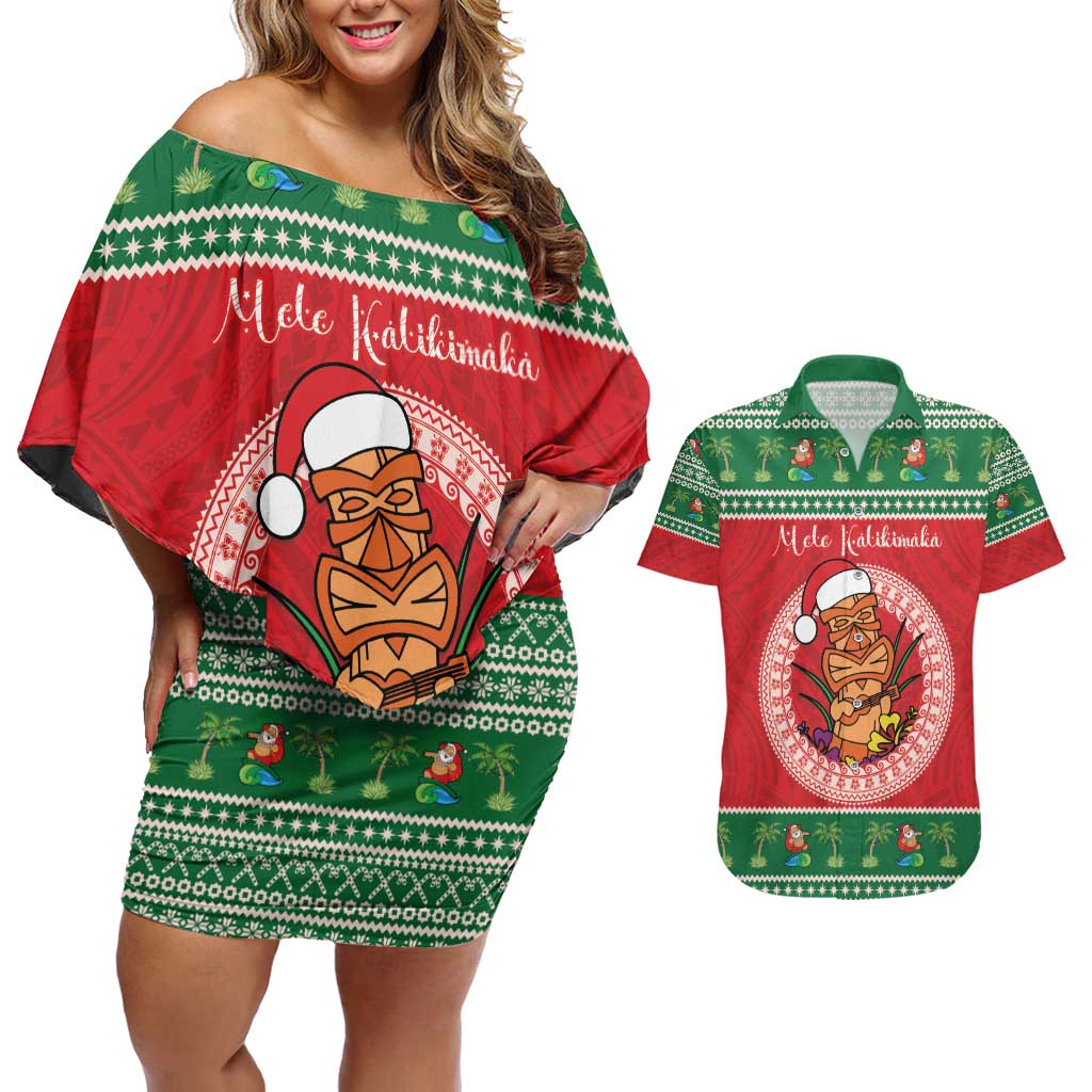 Personalized Hawaii Christmas Couples Matching Off Shoulder Short Dress and Hawaiian Shirt Tiki Santa Mele Kalikimaka LT14 Red - Polynesian Pride