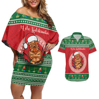 Personalized Hawaii Christmas Couples Matching Off Shoulder Short Dress and Hawaiian Shirt Tiki Santa Mele Kalikimaka LT14 Red - Polynesian Pride