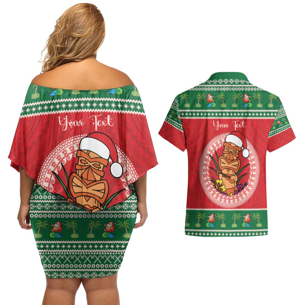 Personalized Hawaii Christmas Couples Matching Off Shoulder Short Dress and Hawaiian Shirt Tiki Santa Mele Kalikimaka LT14 - Polynesian Pride
