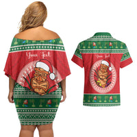 Personalized Hawaii Christmas Couples Matching Off Shoulder Short Dress and Hawaiian Shirt Tiki Santa Mele Kalikimaka LT14 - Polynesian Pride