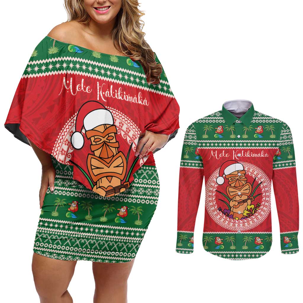 Personalized Hawaii Christmas Couples Matching Off Shoulder Short Dress and Long Sleeve Button Shirt Tiki Santa Mele Kalikimaka LT14 Red - Polynesian Pride