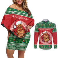 Personalized Hawaii Christmas Couples Matching Off Shoulder Short Dress and Long Sleeve Button Shirt Tiki Santa Mele Kalikimaka LT14 Red - Polynesian Pride