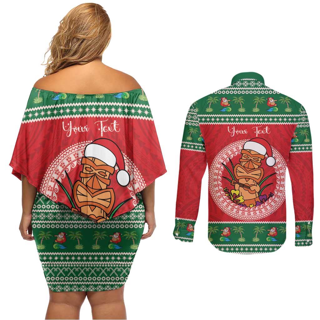 Personalized Hawaii Christmas Couples Matching Off Shoulder Short Dress and Long Sleeve Button Shirt Tiki Santa Mele Kalikimaka LT14 - Polynesian Pride