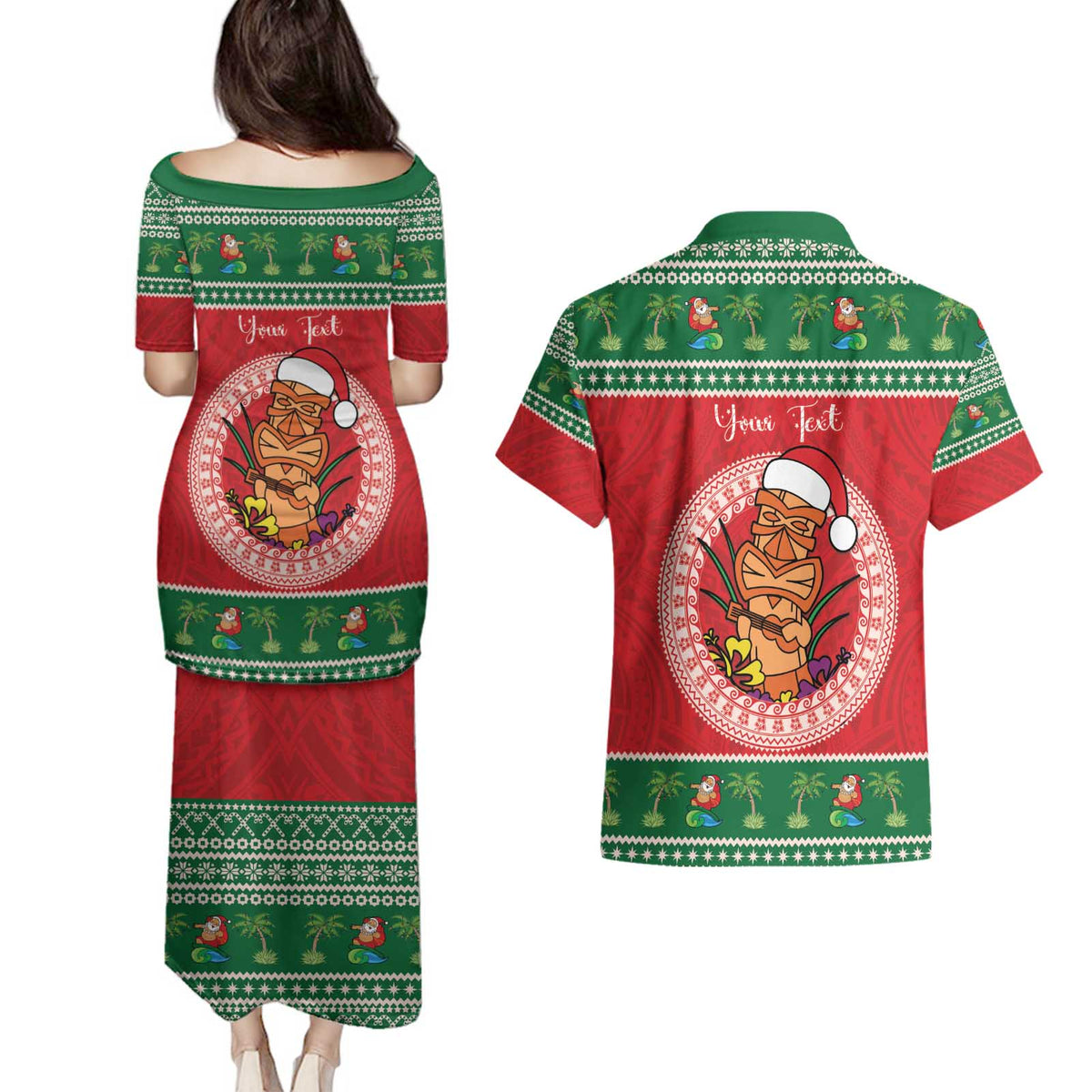 Personalized Hawaii Christmas Couples Matching Puletasi and Hawaiian Shirt Tiki Santa Mele Kalikimaka LT14 - Polynesian Pride
