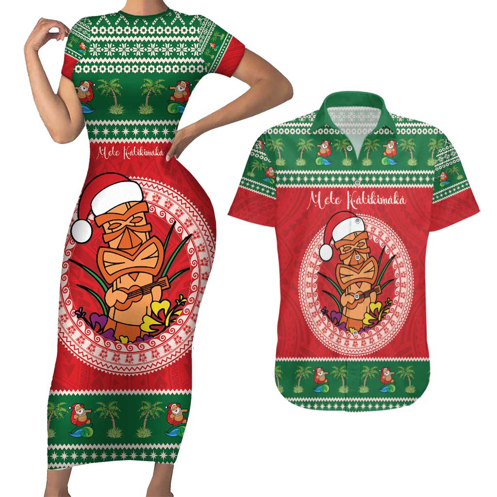 Personalized Hawaii Christmas Couples Matching Short Sleeve Bodycon Dress and Hawaiian Shirt Tiki Santa Mele Kalikimaka LT14 Red - Polynesian Pride