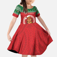Personalized Hawaii Christmas Family Matching Mermaid Dress and Hawaiian Shirt Tiki Santa Mele Kalikimaka LT14 Daughter's Dress Red - Polynesian Pride