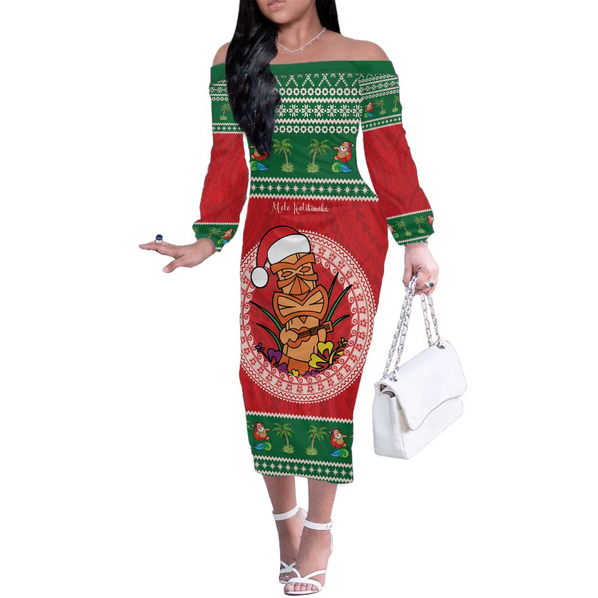 Personalized Hawaii Christmas Family Matching Off The Shoulder Long Sleeve Dress and Hawaiian Shirt Tiki Santa Mele Kalikimaka LT14 Mom's Dress Red - Polynesian Pride