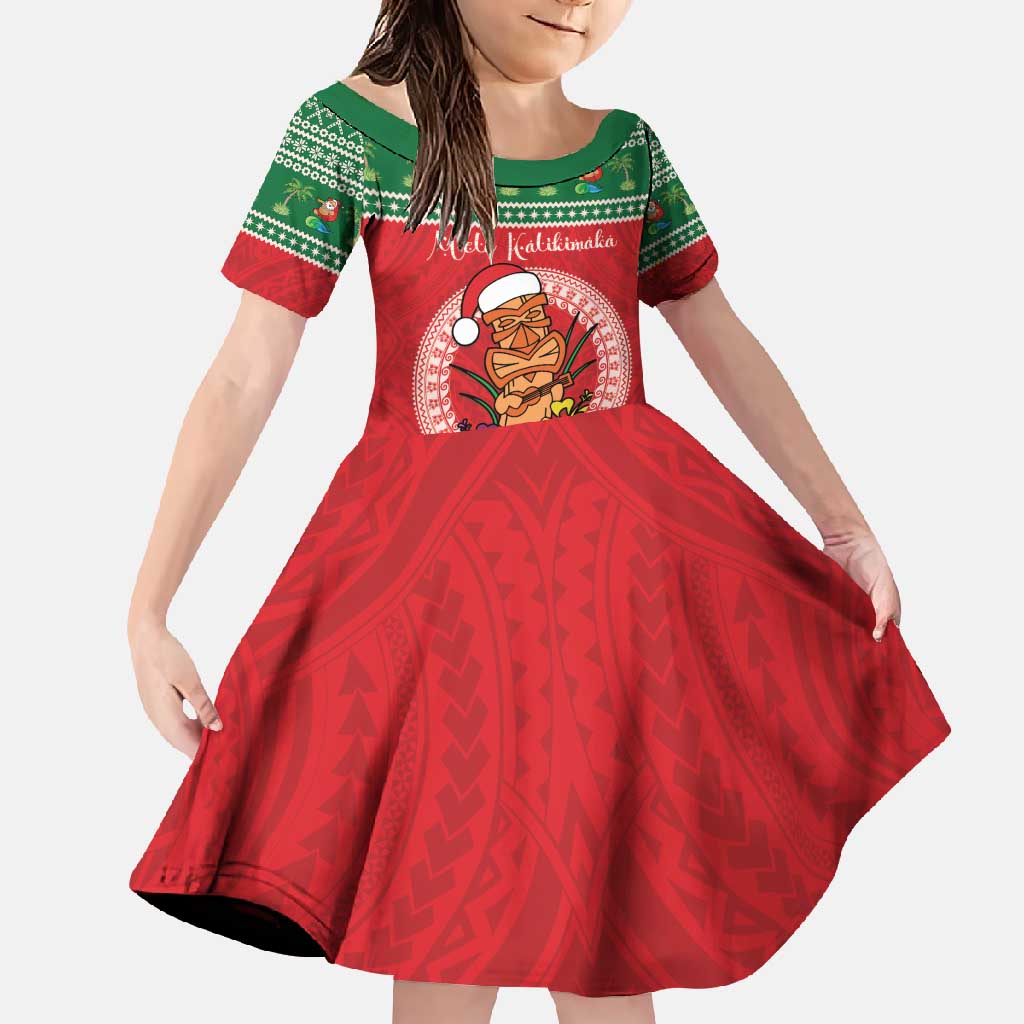 Personalized Hawaii Christmas Family Matching Off Shoulder Maxi Dress and Hawaiian Shirt Tiki Santa Mele Kalikimaka LT14 Daughter's Dress Red - Polynesian Pride