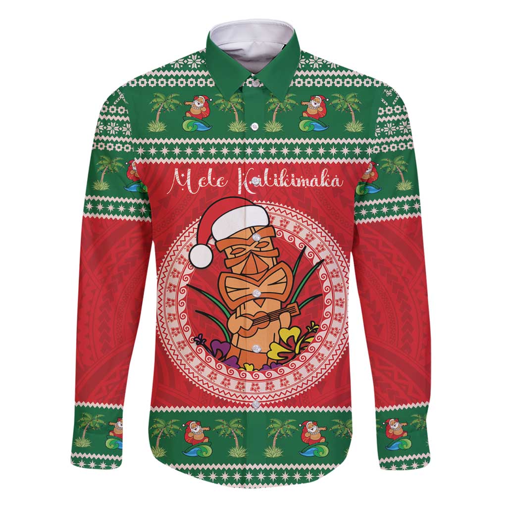 Personalized Hawaii Christmas Family Matching Off Shoulder Maxi Dress and Hawaiian Shirt Tiki Santa Mele Kalikimaka LT14 Dad's Shirt - Long Sleeve Red - Polynesian Pride