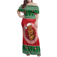 Personalized Hawaii Christmas Family Matching Off Shoulder Maxi Dress and Hawaiian Shirt Tiki Santa Mele Kalikimaka LT14 Mom's Dress Red - Polynesian Pride
