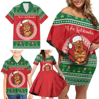 Personalized Hawaii Christmas Family Matching Off Shoulder Short Dress and Hawaiian Shirt Tiki Santa Mele Kalikimaka LT14 - Polynesian Pride