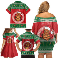 Personalized Hawaii Christmas Family Matching Off Shoulder Short Dress and Hawaiian Shirt Tiki Santa Mele Kalikimaka LT14 - Polynesian Pride