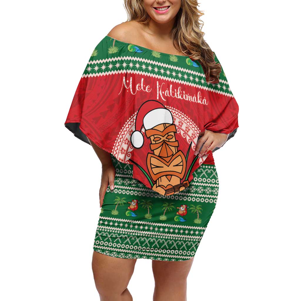 Personalized Hawaii Christmas Family Matching Off Shoulder Short Dress and Hawaiian Shirt Tiki Santa Mele Kalikimaka LT14 Mom's Dress Red - Polynesian Pride