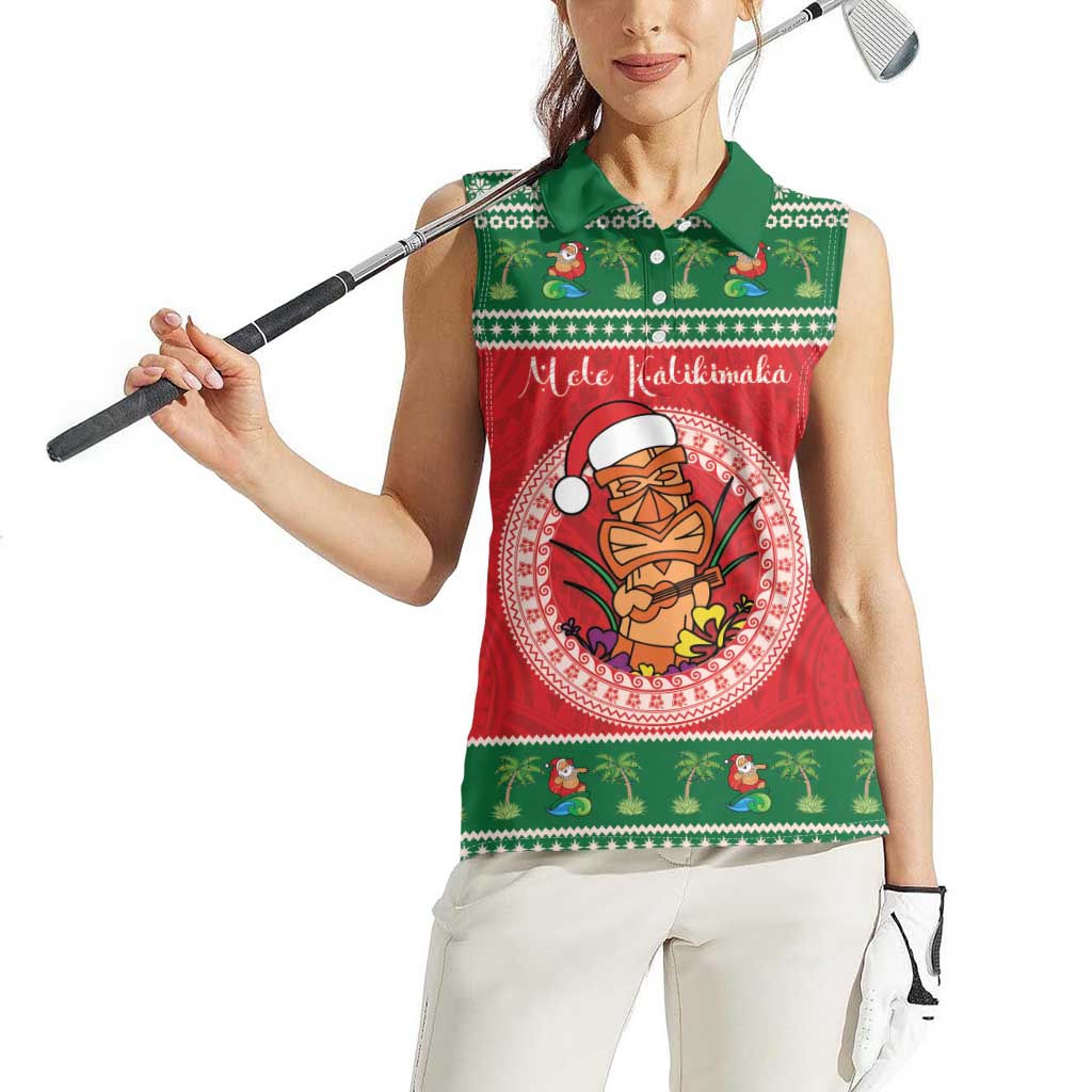 Personalized Hawaii Christmas Women Sleeveless Polo Shirt Tiki Santa Mele Kalikimaka LT14 - Polynesian Pride