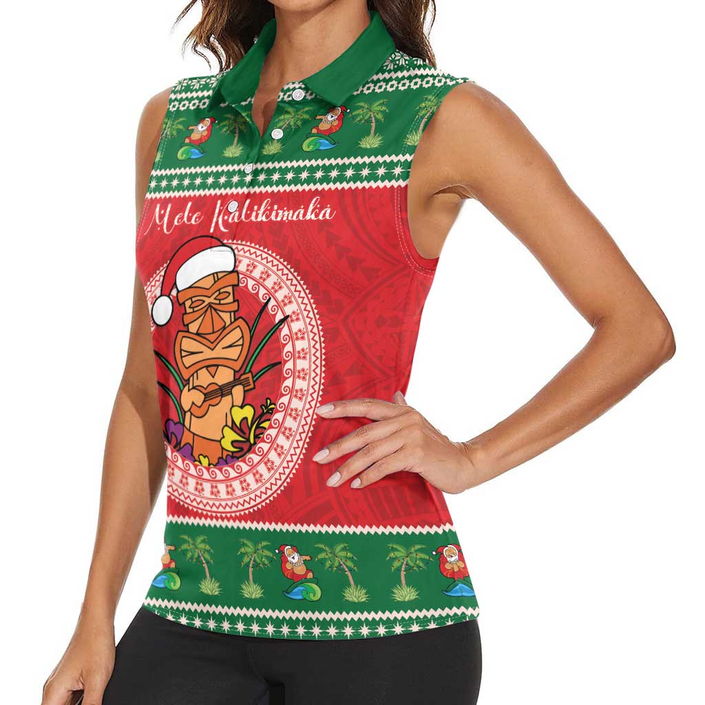Personalized Hawaii Christmas Women Sleeveless Polo Shirt Tiki Santa Mele Kalikimaka LT14 - Polynesian Pride